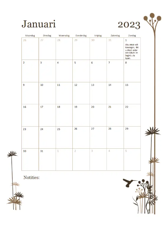 Kalender van 12 maanden (ma-zo) met kolibrie brown modern-simple