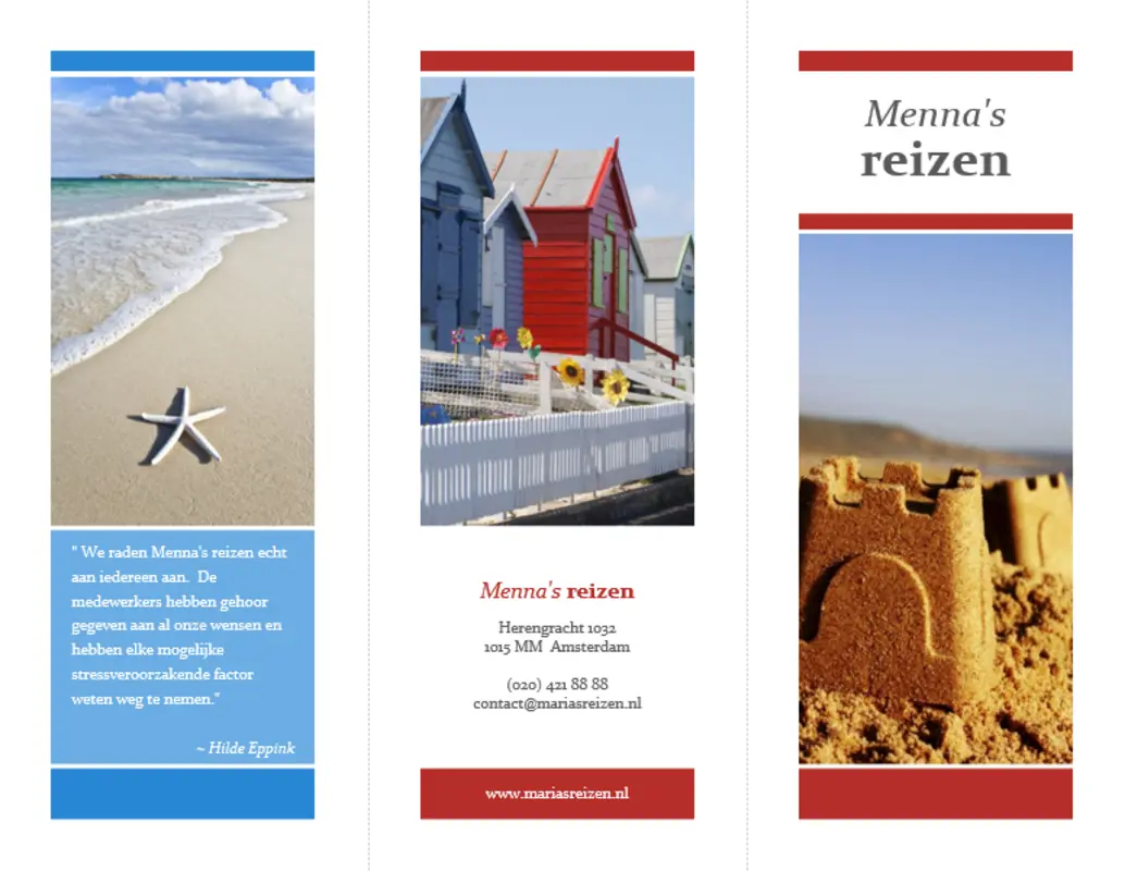 In drieën gevouwen reisbrochure (rood, goudkleurig en blauw ontwerp) blue modern-simple