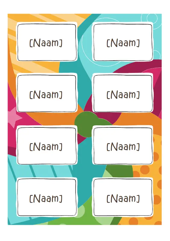 Naambadges (helder ontwerp, 8 per pagina, werkt met Avery 5395 en vergelijkbaar) whimsical color block