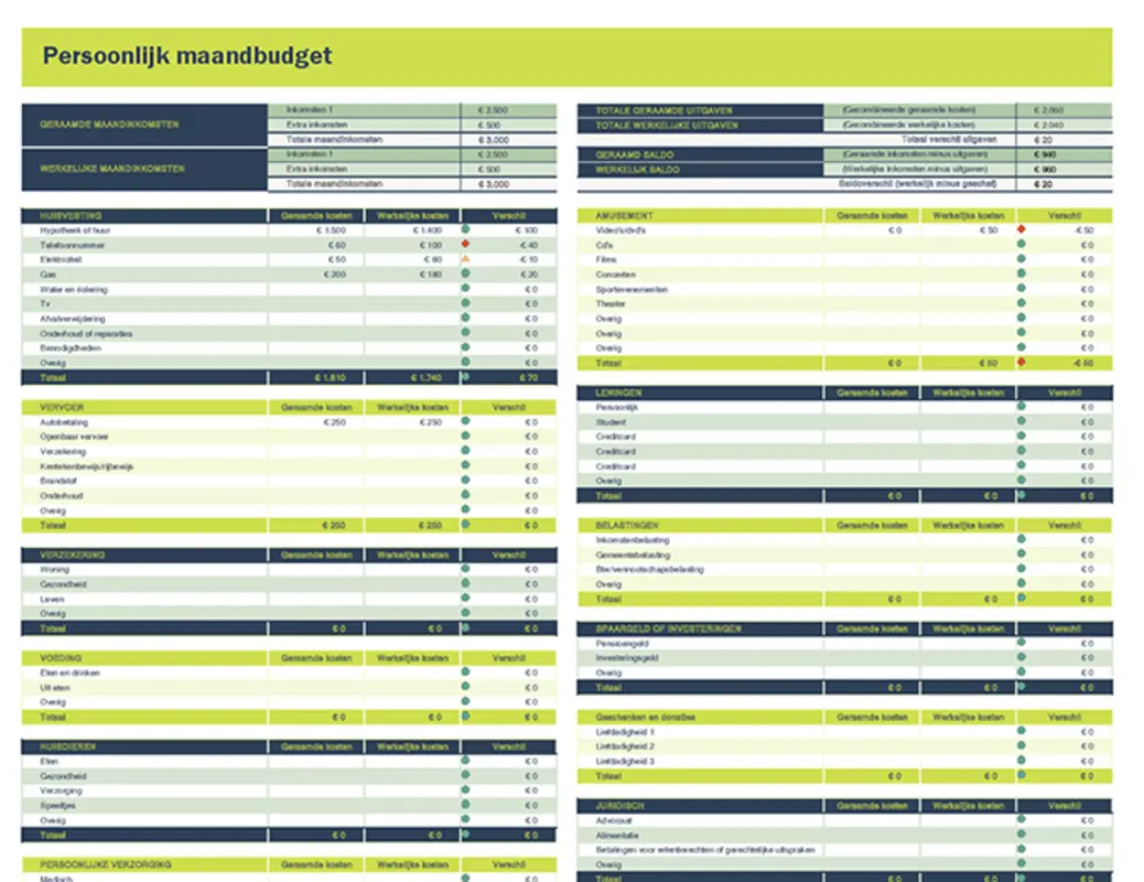 Spreadsheet voor persoonlijk maandbudget green modern-simple