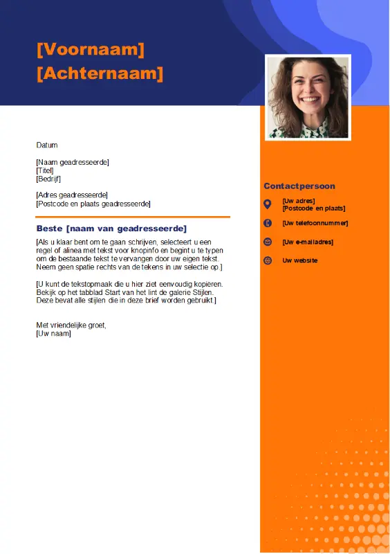 Begeleidende brief met pasfoto orange modern-bold