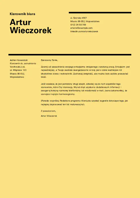 Szwajcarski projekt listu motywacyjnego yellow modern simple
