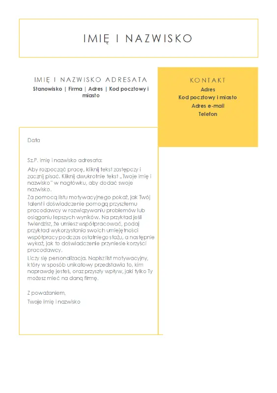 Przejrzysty i schludny list motywacyjny, zaprojektowany przez firmę MOO yellow modern-simple