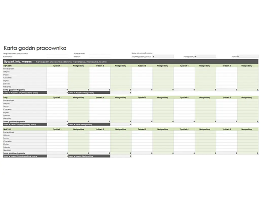 Karta godzin pracownika (dzienna, tygodniowa, miesięczna i roczna) green modern simple