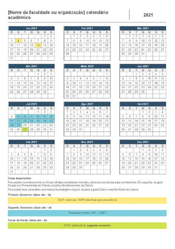 Calendário do ano acadêmico blue modern-simple