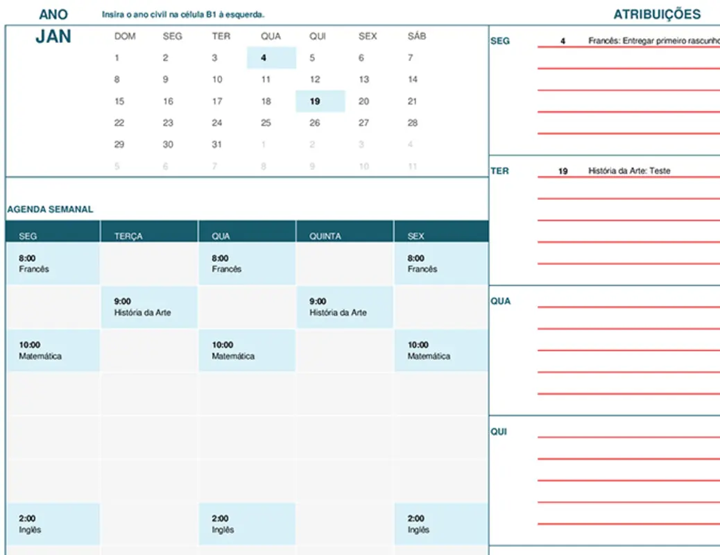 Calendário do aluno (domingo) blue modern-simple