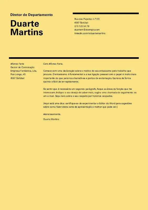 Carta de apresentação com design suíço yellow modern simple