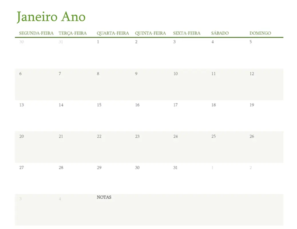 Calendário de qualquer ano (um mês por separador) green modern-simple