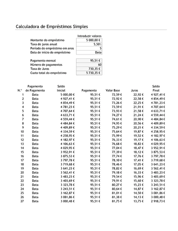 Calculadora de empréstimos e tabela de amortização simplificada blue modern simple