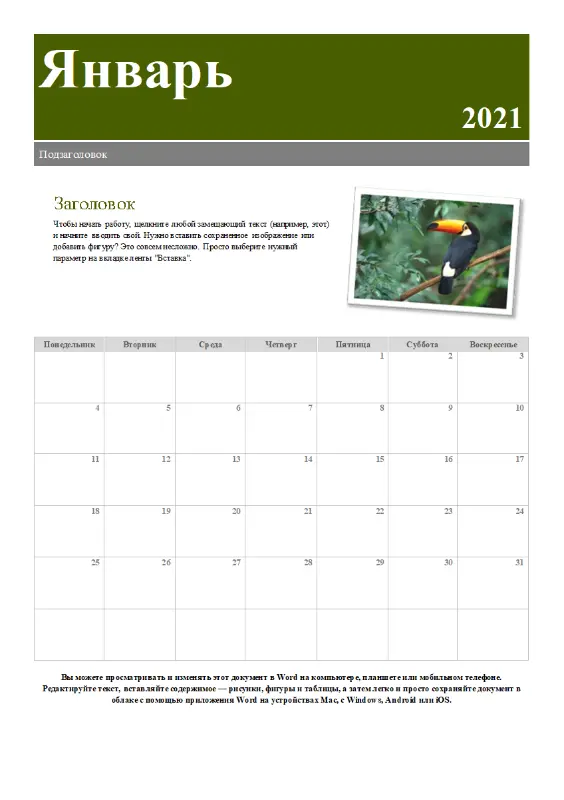 Календарь с фотографией green modern-simple