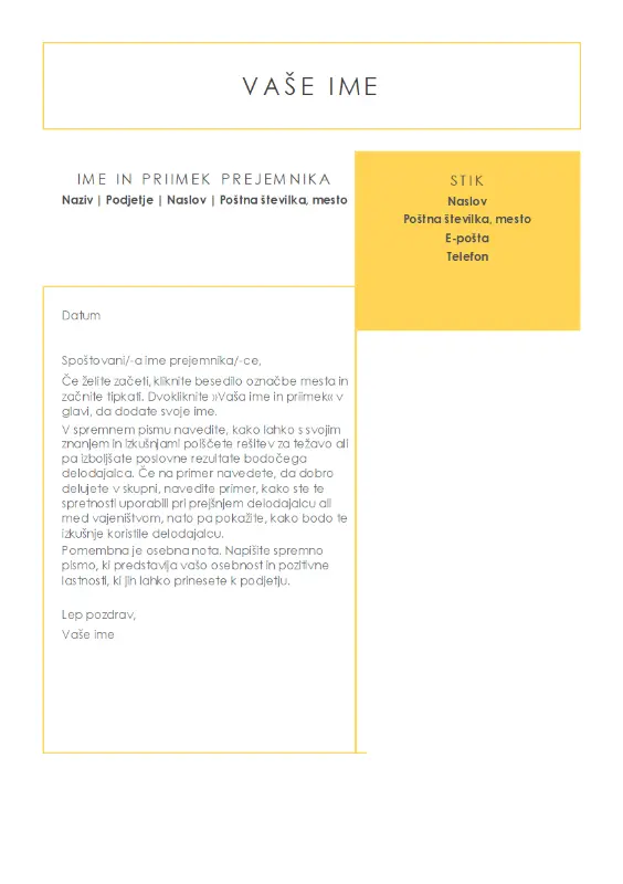 Jedrnato in pregledno spremno pismo, zasnovano v podjetju MOO yellow modern-simple