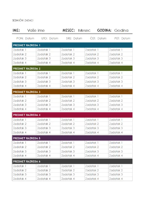 Sedmičnim kalendar domaćih zadataka modern-simple