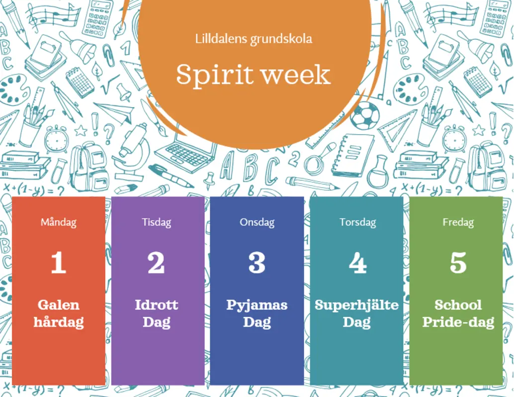 Kalender för skolans “Spirit week” blue whimsical-line
