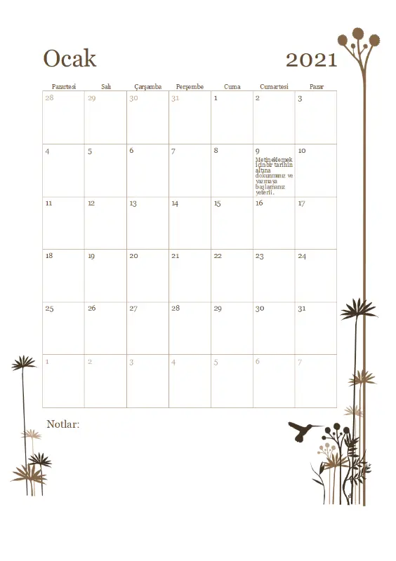Sinek kuşu temalı 12 aylık takvim (Pzt-Paz) brown modern-simple