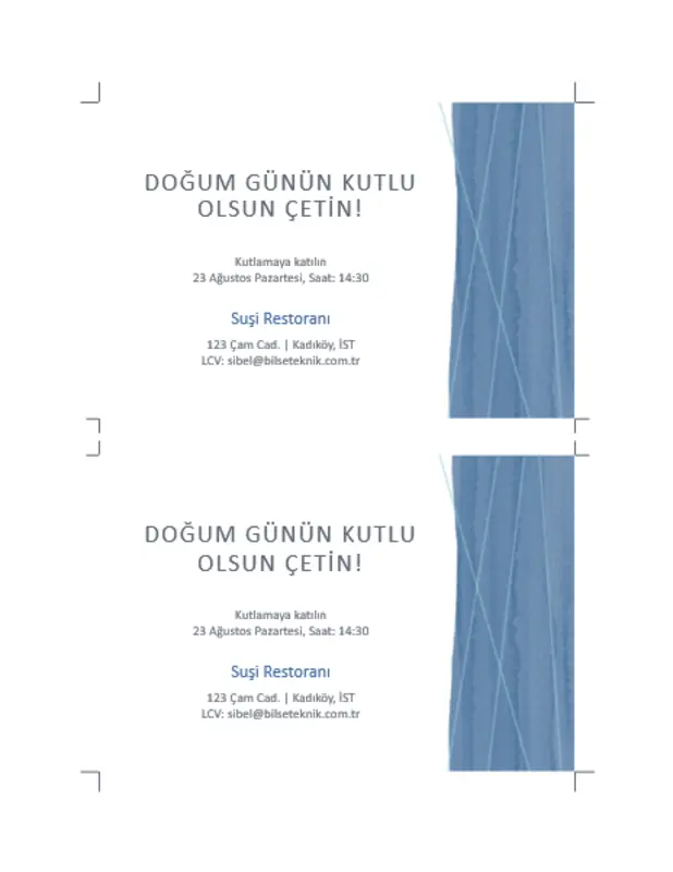 Mavi şeritli parti davetiyeleri (sayfa başı 2 tane) organic simple