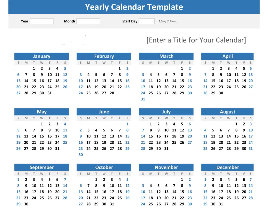Any year at a glance calendar (landscape) blue modern-simple