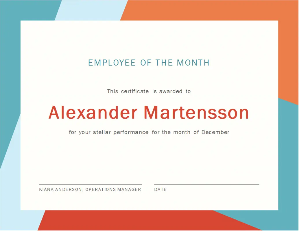 Employee of the month certificate orange modern-color-block